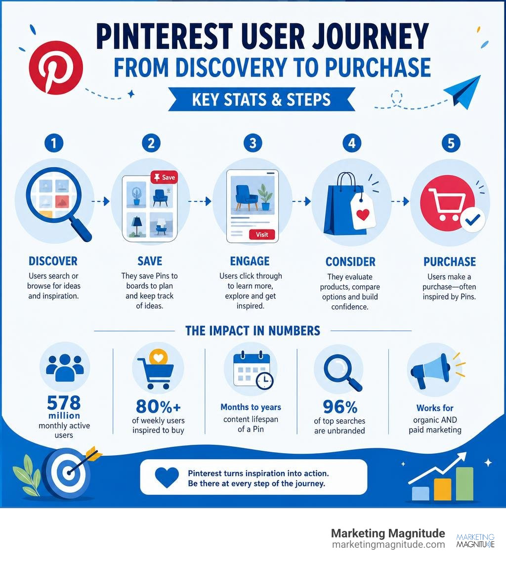 Pinterest user journey from discovery to purchase — key stats and steps infographic infographic Pinterest user journey from discovery to purchase — key stats and steps infographic infographic