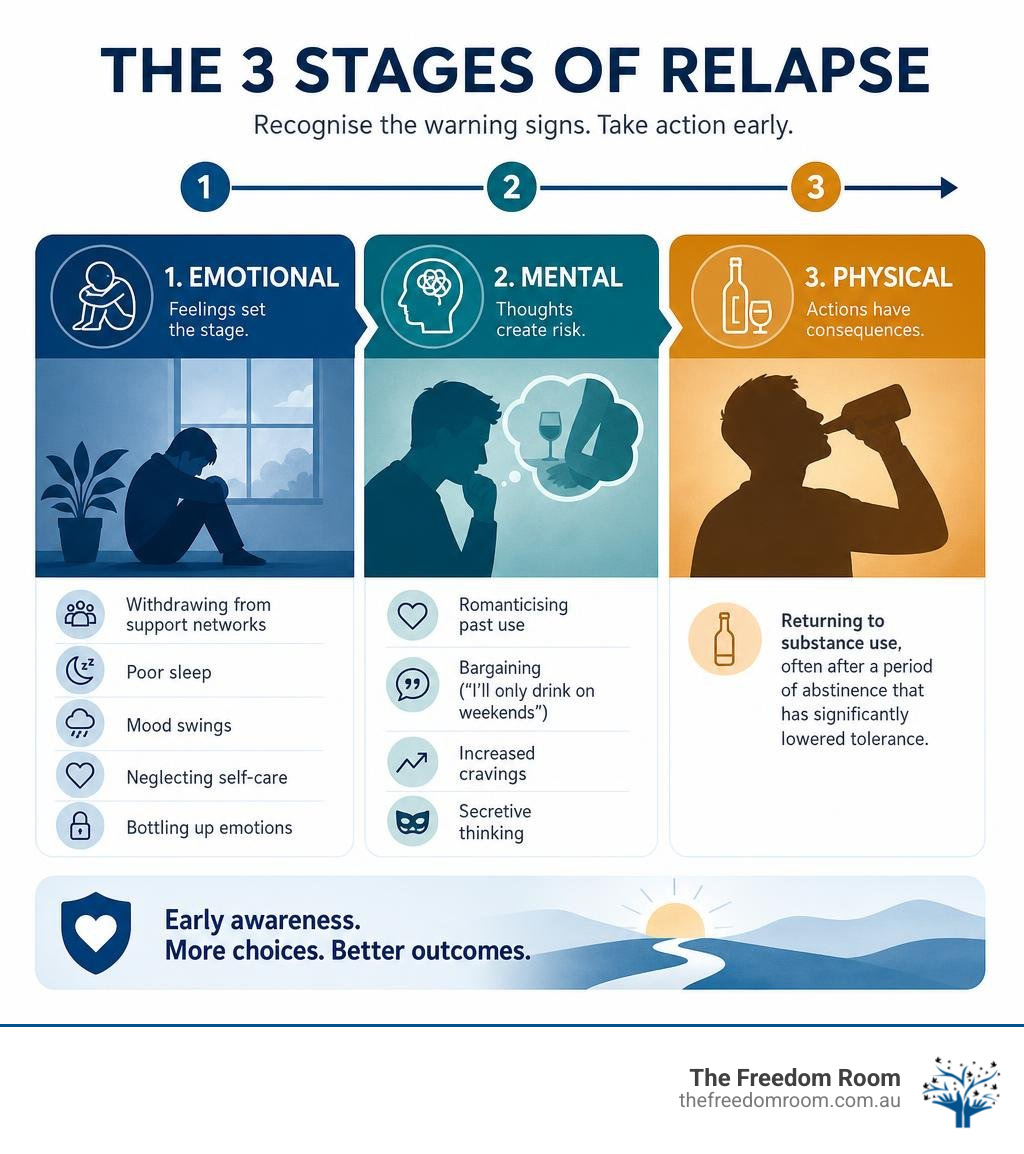 Infographic showing the three progressive stages of relapse: emotional, mental, and physical with key warning signs at each