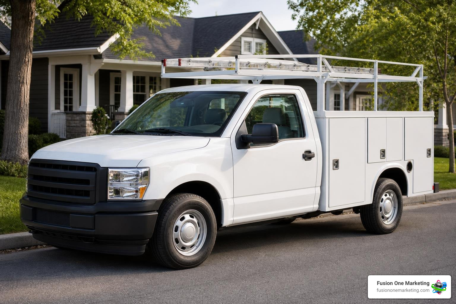 Clean unbranded HVAC service truck parked in a residential neighborhood Clean unbranded HVAC service truck parked in a residential neighborhood