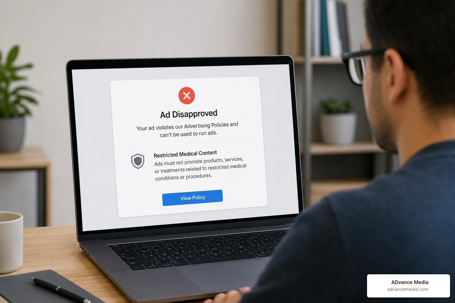 Ad disapproval notification showing restricted medical content policy violation Ad disapproval notification showing restricted medical content policy violation