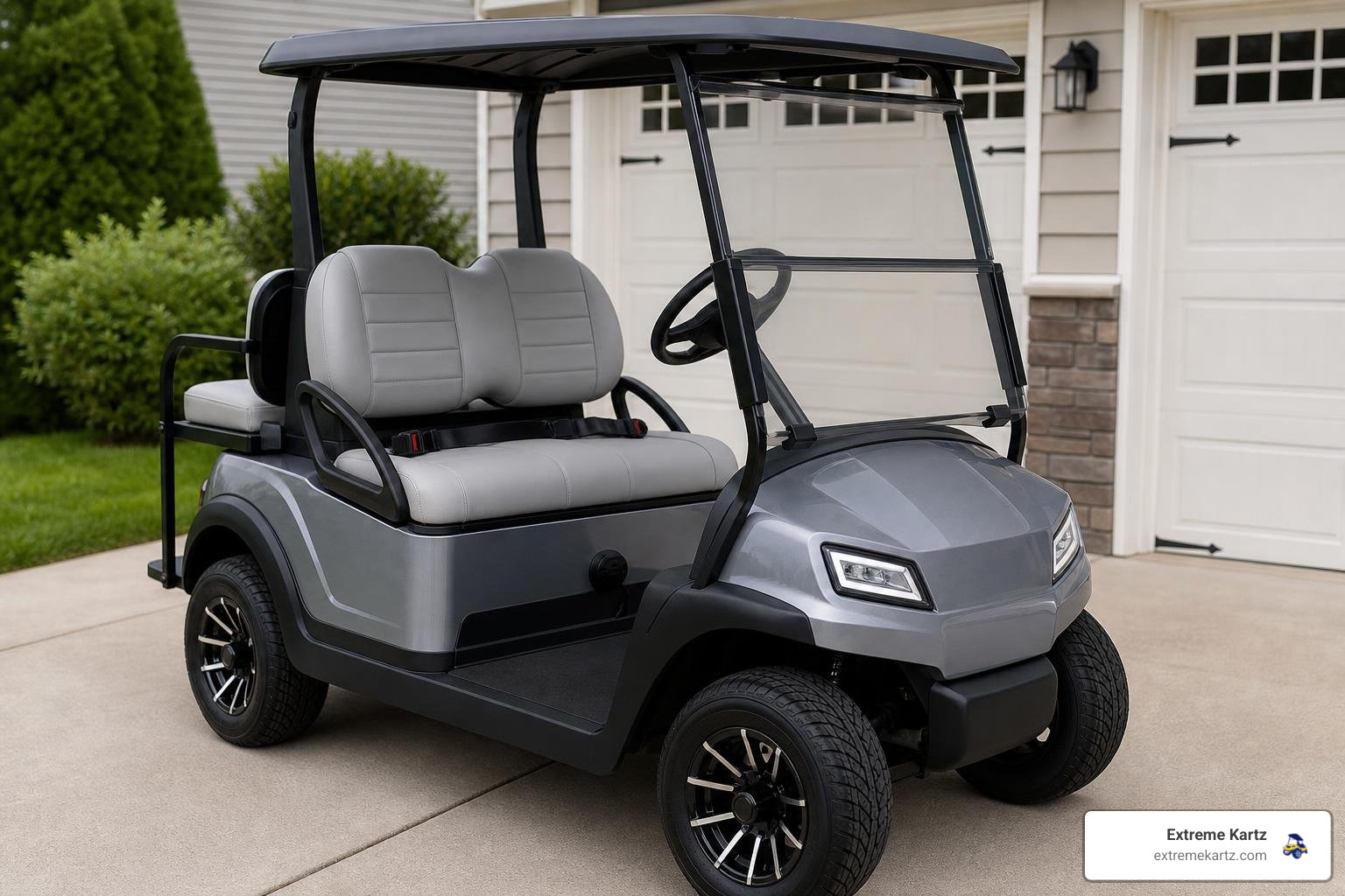 golf cart lap belts across the lower seat area on a modern golf cart