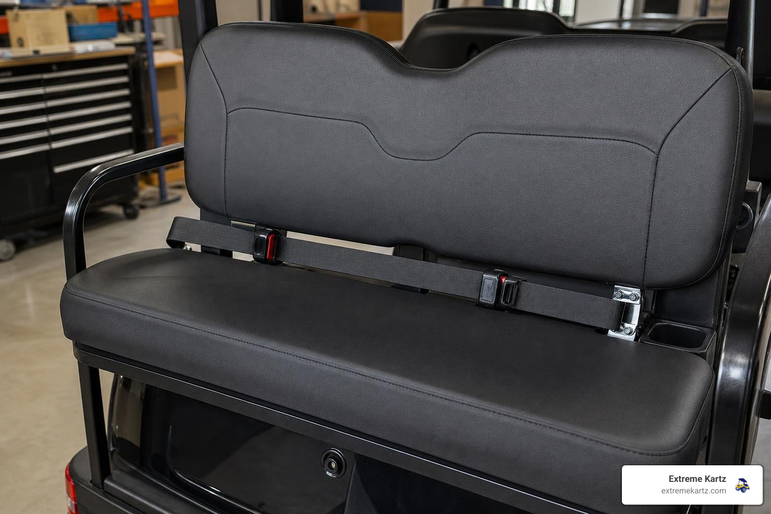 Golf cart lap belts installed across the lower seat with visible mounting points