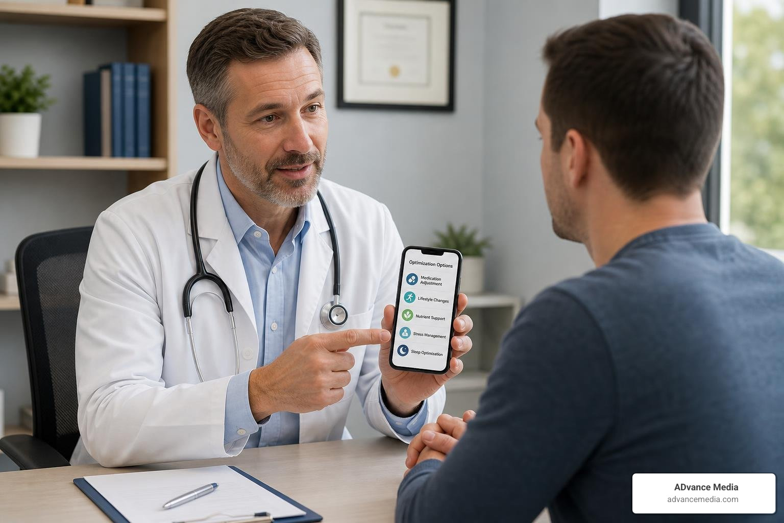 Hormone therapy doctor explaining optimization options on a smartphone screen Hormone therapy doctor explaining optimization options on a smartphone screen