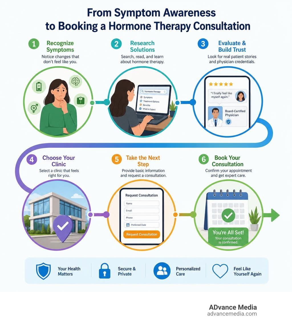 Steps patients take from symptom awareness to booking a hormone therapy consultation infographic Steps patients take from symptom awareness to booking a hormone therapy consultation infographic