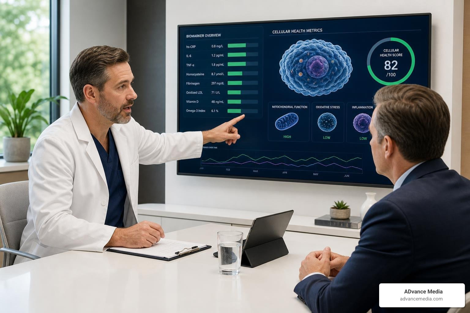 A clinician explaining biomarker data and cellular health metrics to an executive patient A clinician explaining biomarker data and cellular health metrics to an executive patient