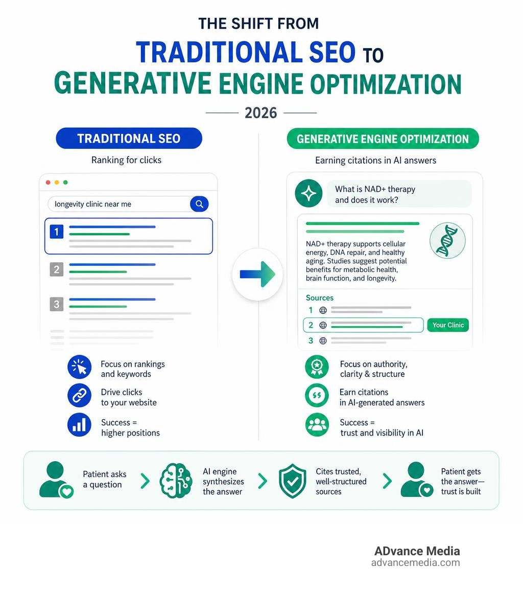 The shift from traditional search engine optimization to generative engine optimization in 2026 infographic The shift from traditional search engine optimization to generative engine optimization in 2026 infographic