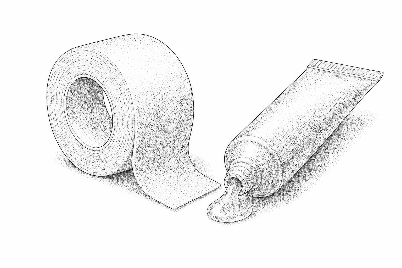 stippled clinical illustration of a roll of medical silicone tape and a tube of gel stippled clinical illustration of a roll of medical silicone tape and a tube of gel