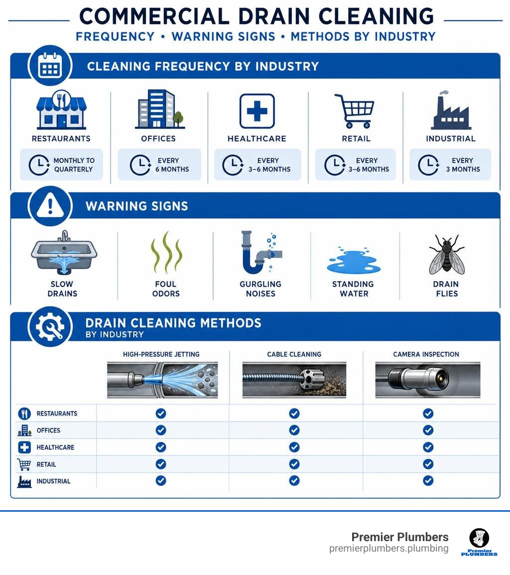 infographic showing commercial drain cleaning frequency, warning signs, and methods by industry type infographic