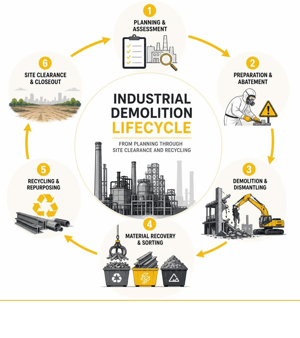 Industrial demolition lifecycle from planning through site clearance and recycling infographic Industrial demolition lifecycle from planning through site clearance and recycling infographic