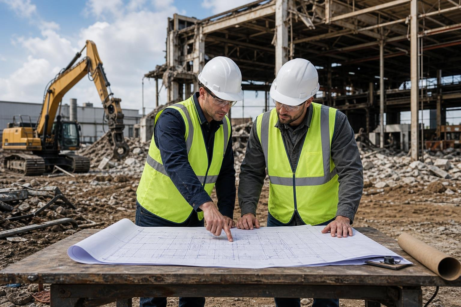 engineers reviewing blueprints on an industrial site engineers reviewing blueprints on an industrial site