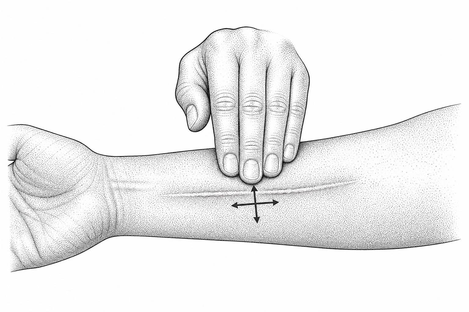 a hand performing cross-friction massage on a healing surgical scar a hand performing cross-friction massage on a healing surgical scar