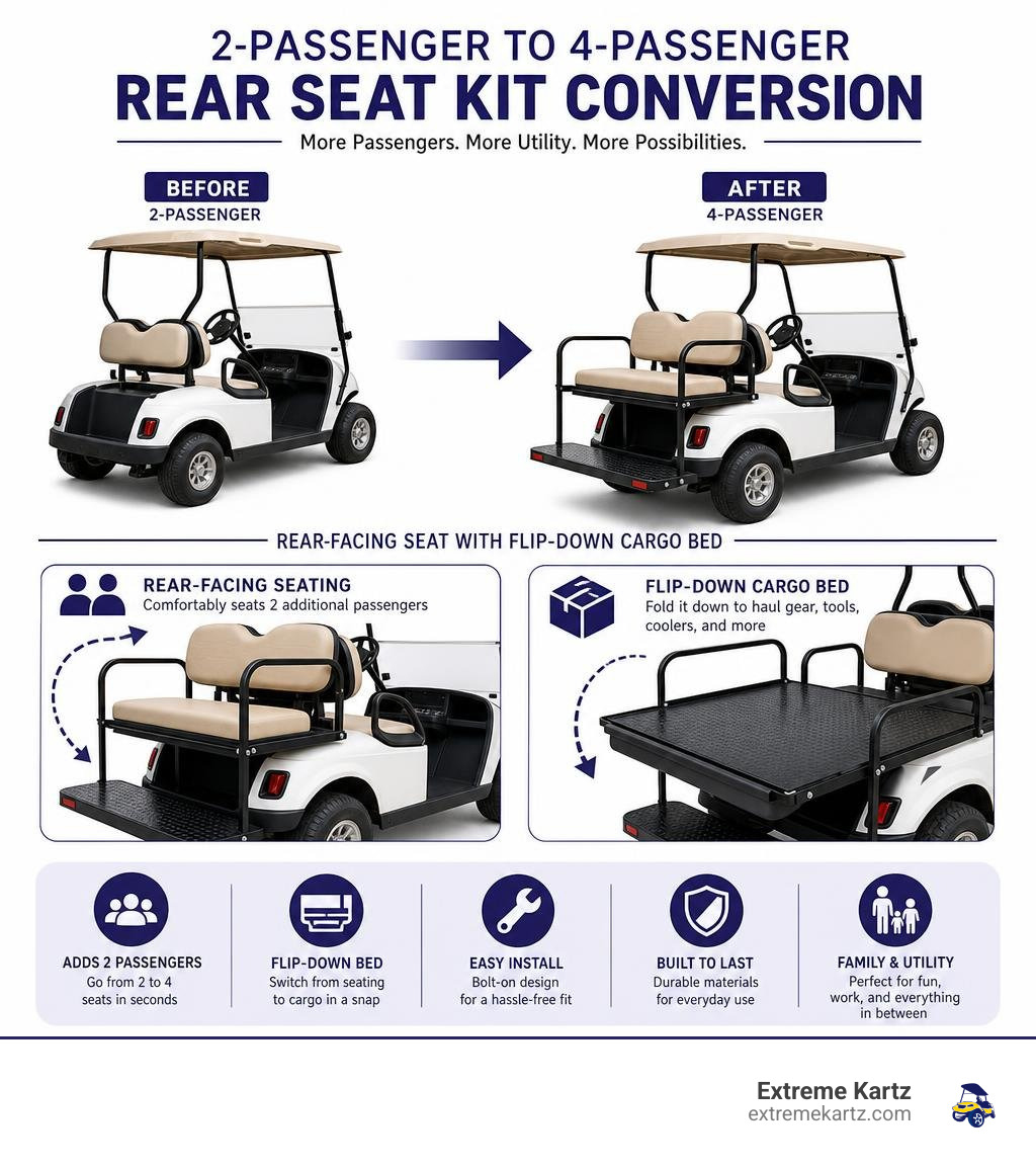 Infographic showing EZGO 2-passenger to 4-passenger rear seat kit conversion with rear passengers facing backward and