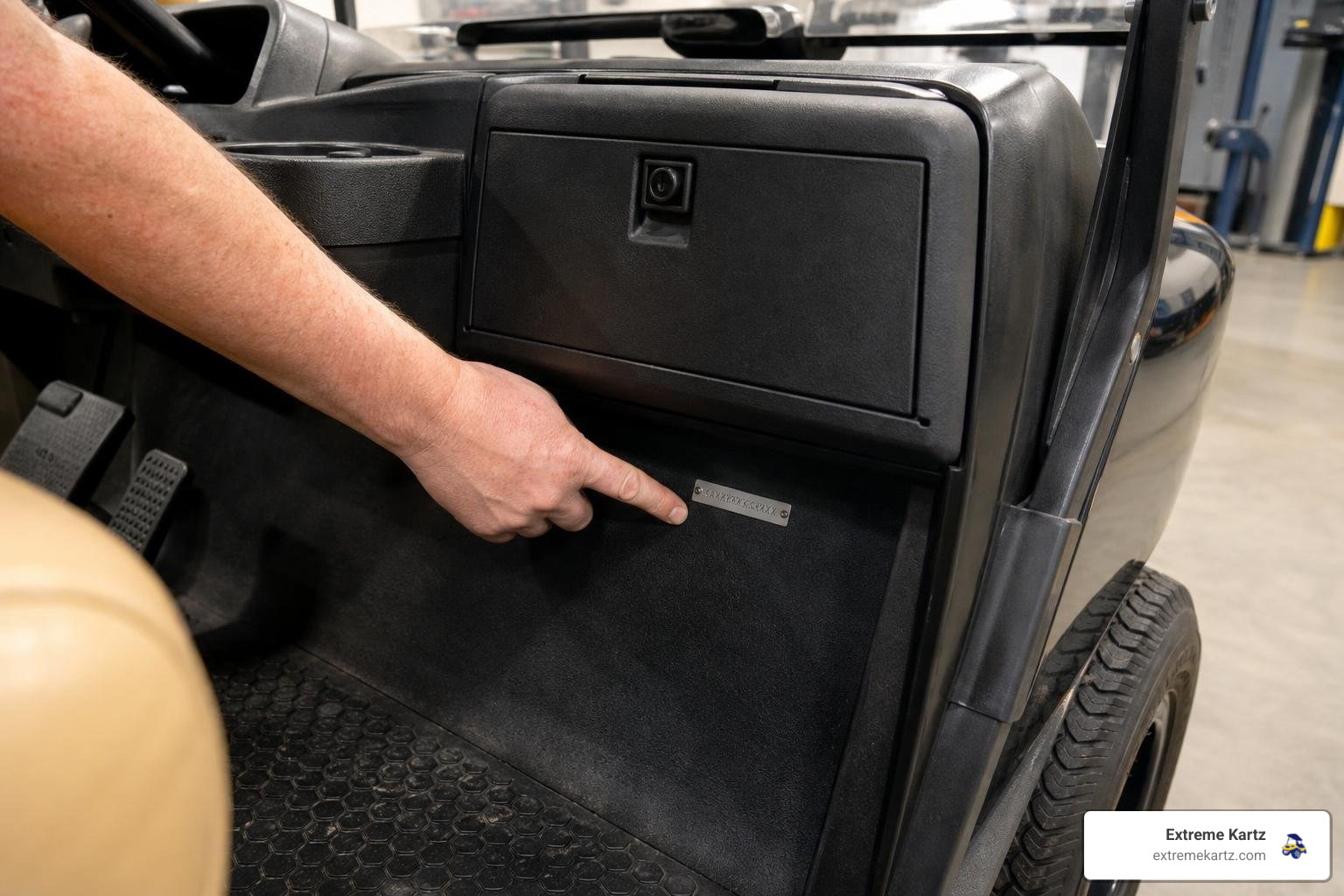 Club Car serial number decal under passenger-side glove box