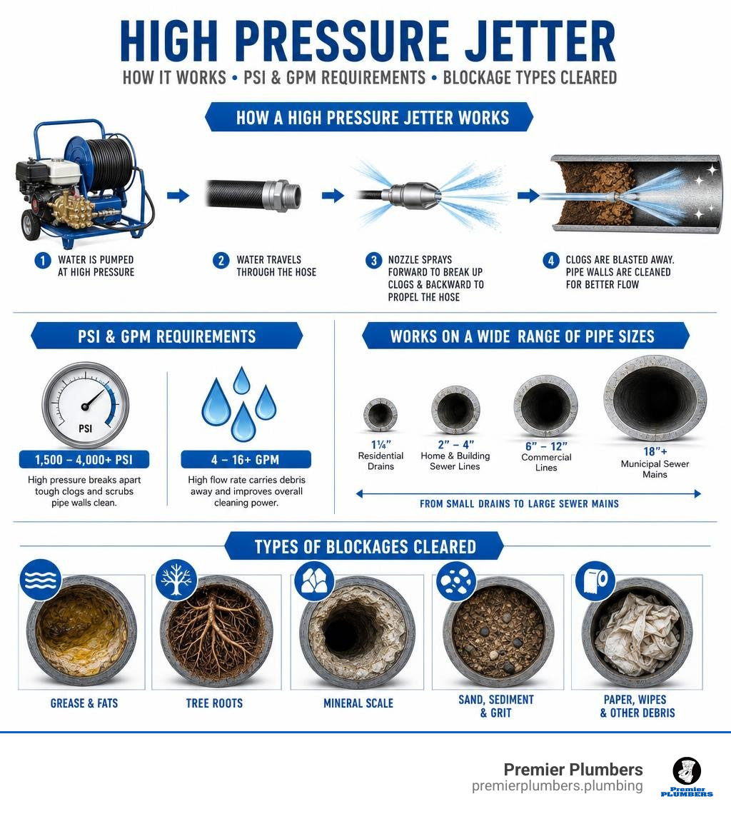 infographic showing how a high pressure jetter works, PSI and GPM requirements, and blockage types cleared infographic infographic showing how a high pressure jetter works, PSI and GPM requirements, and blockage types cleared infographic