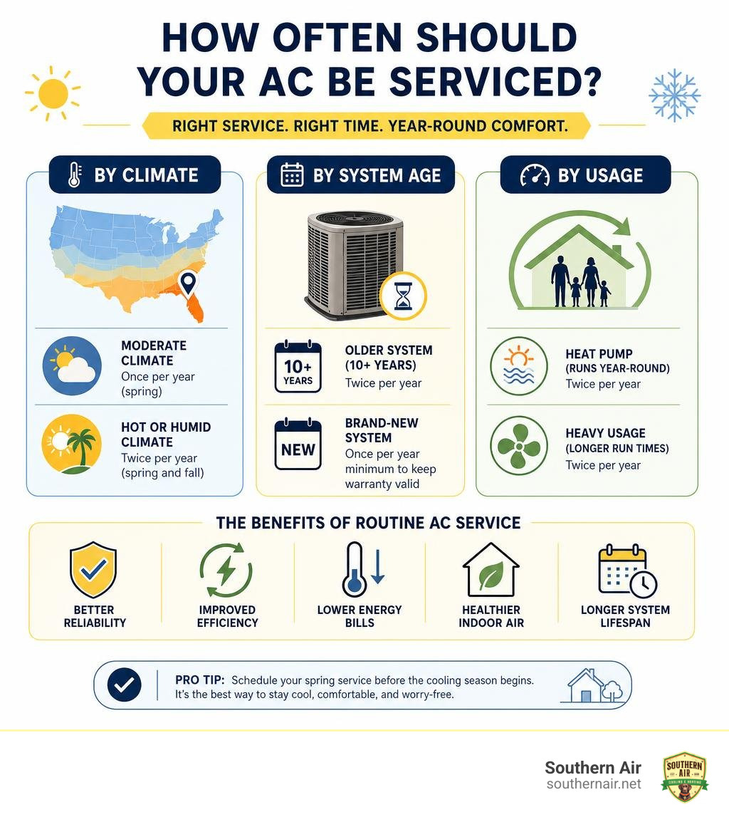 infographic showing AC service frequency by climate, system age, and usage with key benefits infographic infographic showing AC service frequency by climate, system age, and usage with key benefits infographic
