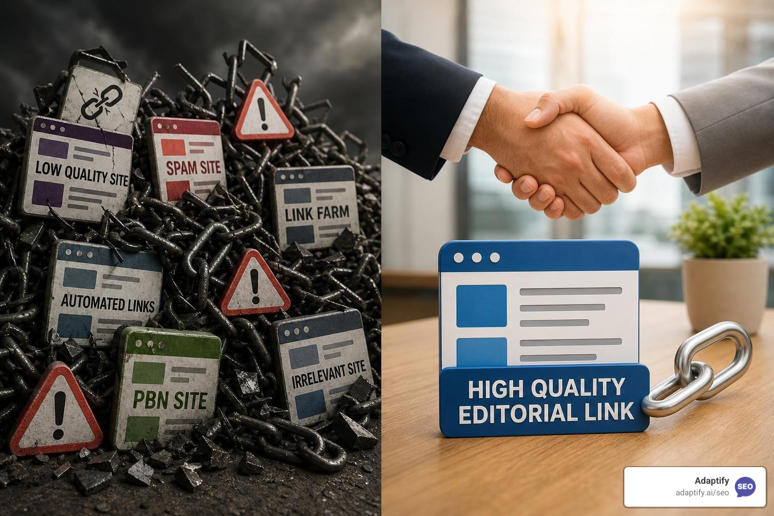 comparison of spammy automated links vs high-quality editorial links