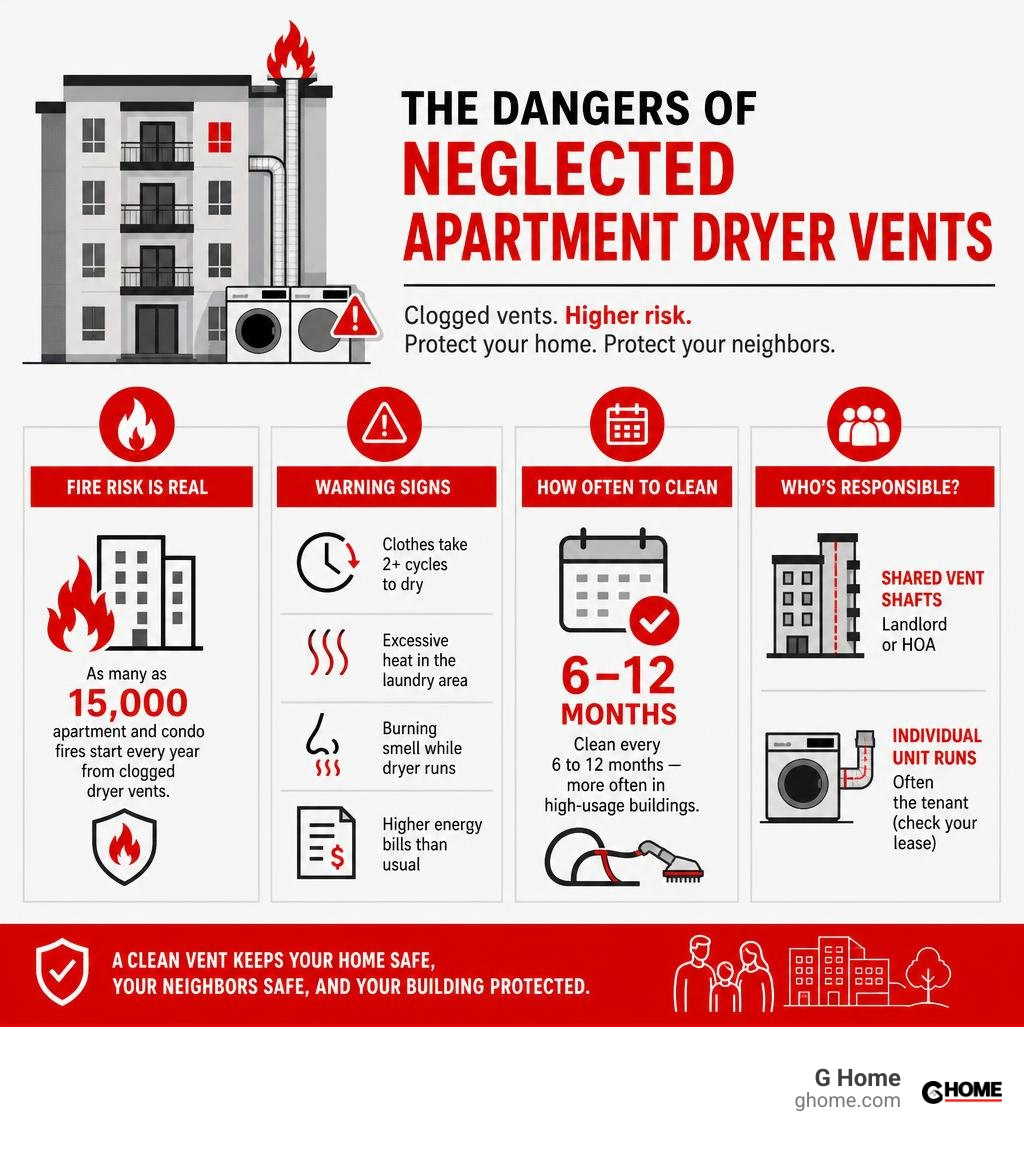 Infographic showing dangers of neglected apartment dryer vents: fire stats, warning signs, cleaning frequency, and Infographic showing dangers of neglected apartment dryer vents: fire stats, warning signs, cleaning frequency, and