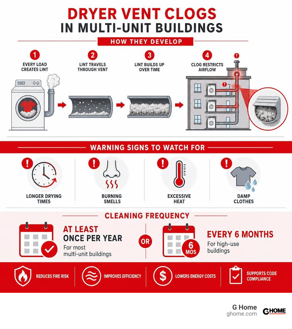 Infographic showing how dryer vent clogs develop in multi-unit buildings, warning signs, and cleaning frequency infographic Infographic showing how dryer vent clogs develop in multi-unit buildings, warning signs, and cleaning frequency infographic