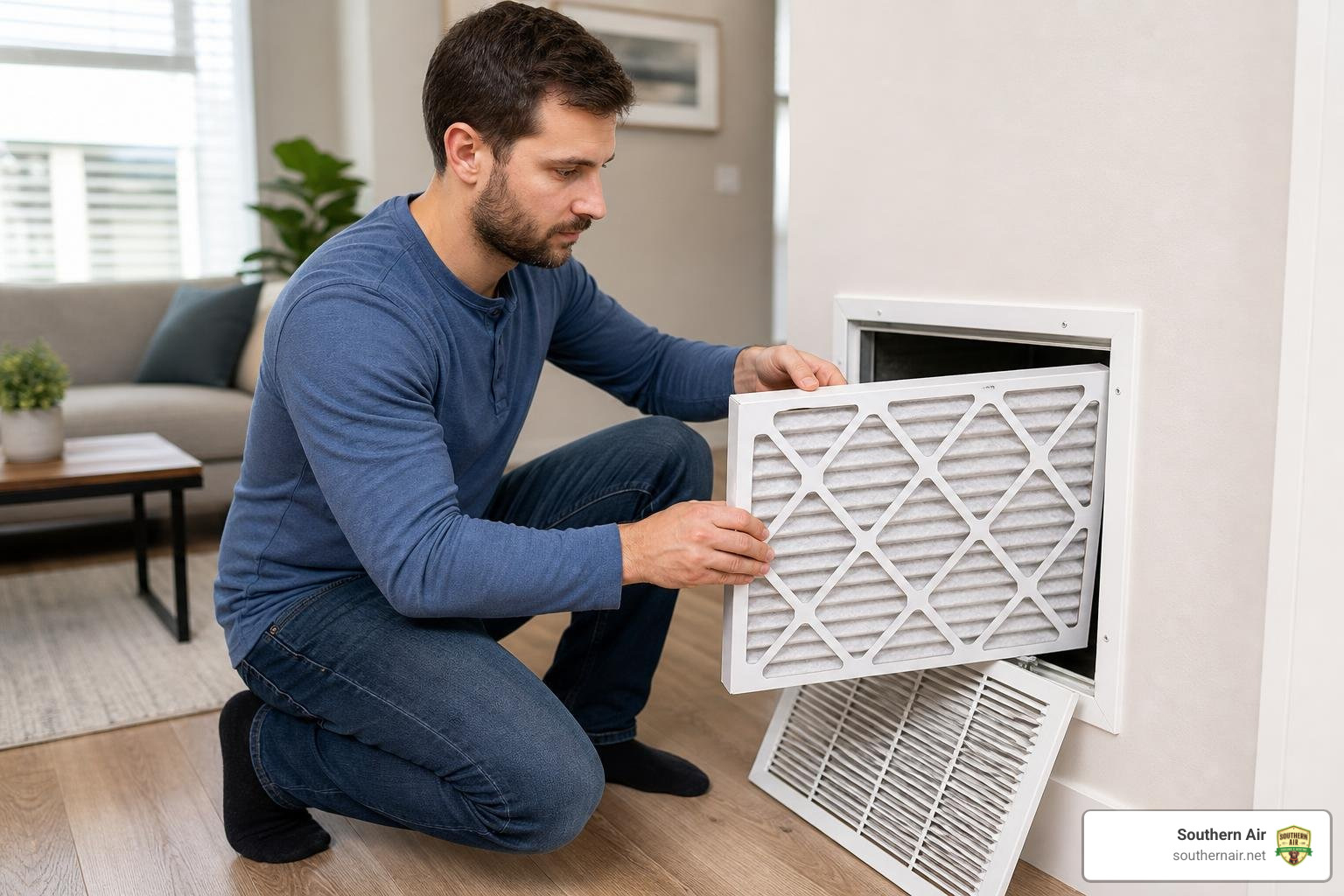 Apartment resident changing an AC filter at a return grille Apartment resident changing an AC filter at a return grille