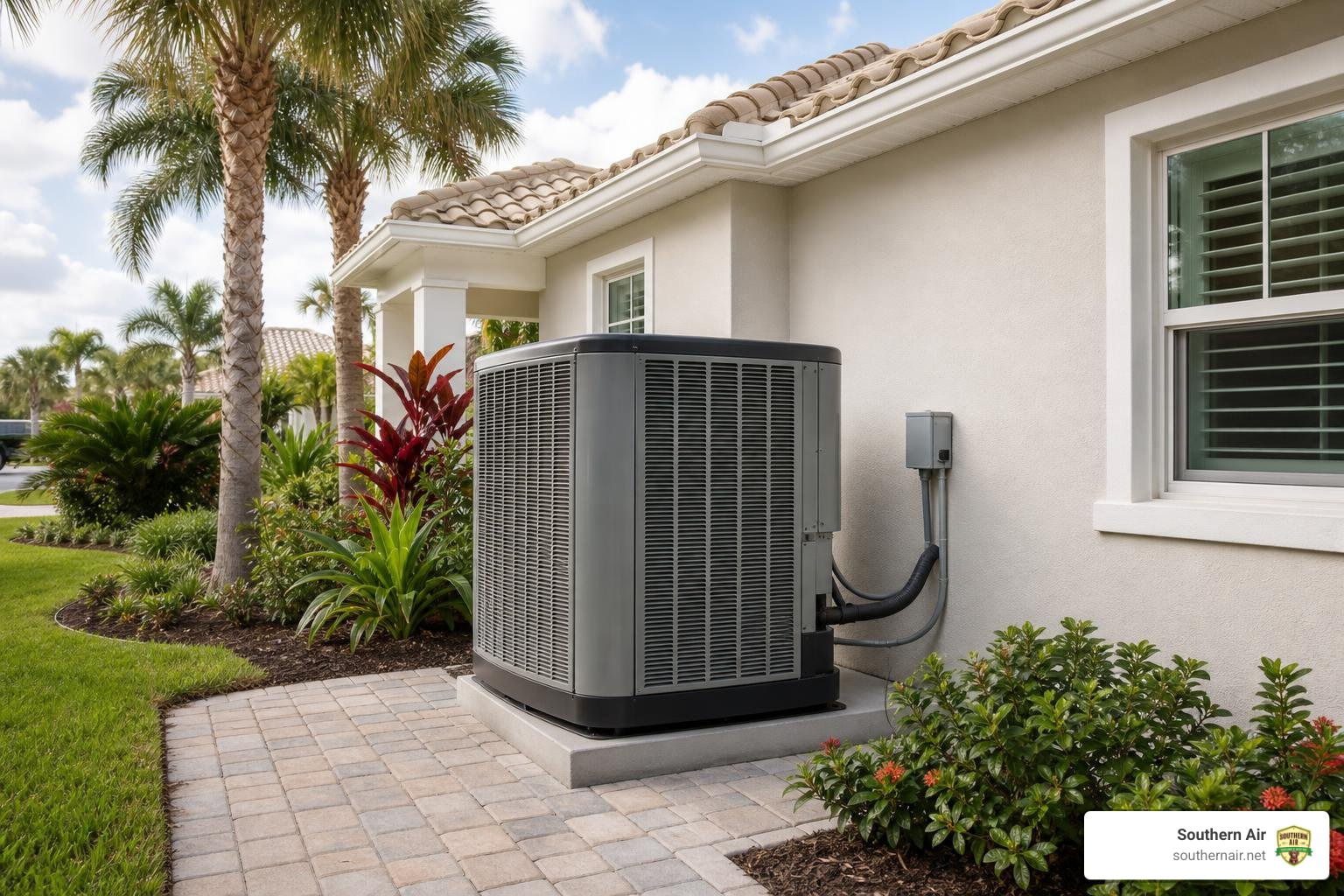 Residential heat pump installed outside a North Florida home in cool weather Residential heat pump installed outside a North Florida home in cool weather