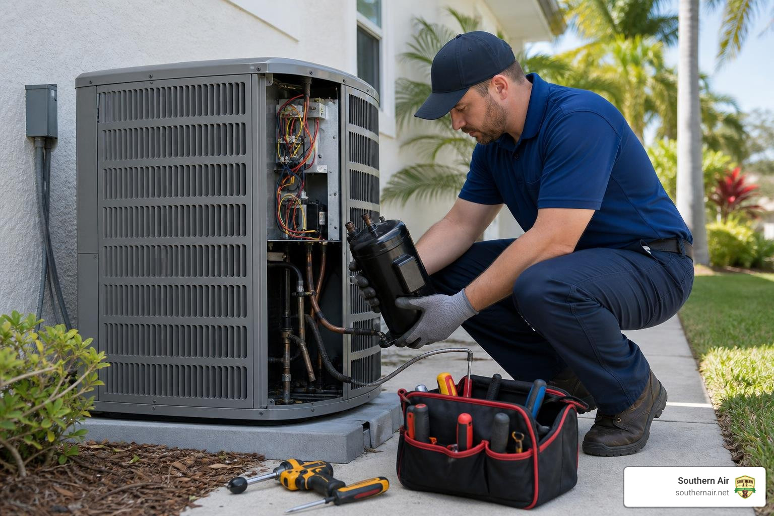HVAC technician replacing an outdoor AC compressor HVAC technician replacing an outdoor AC compressor