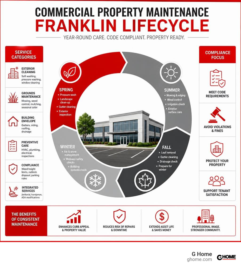 Commercial property maintenance Franklin lifecycle infographic showing seasonal tasks compliance and service categories