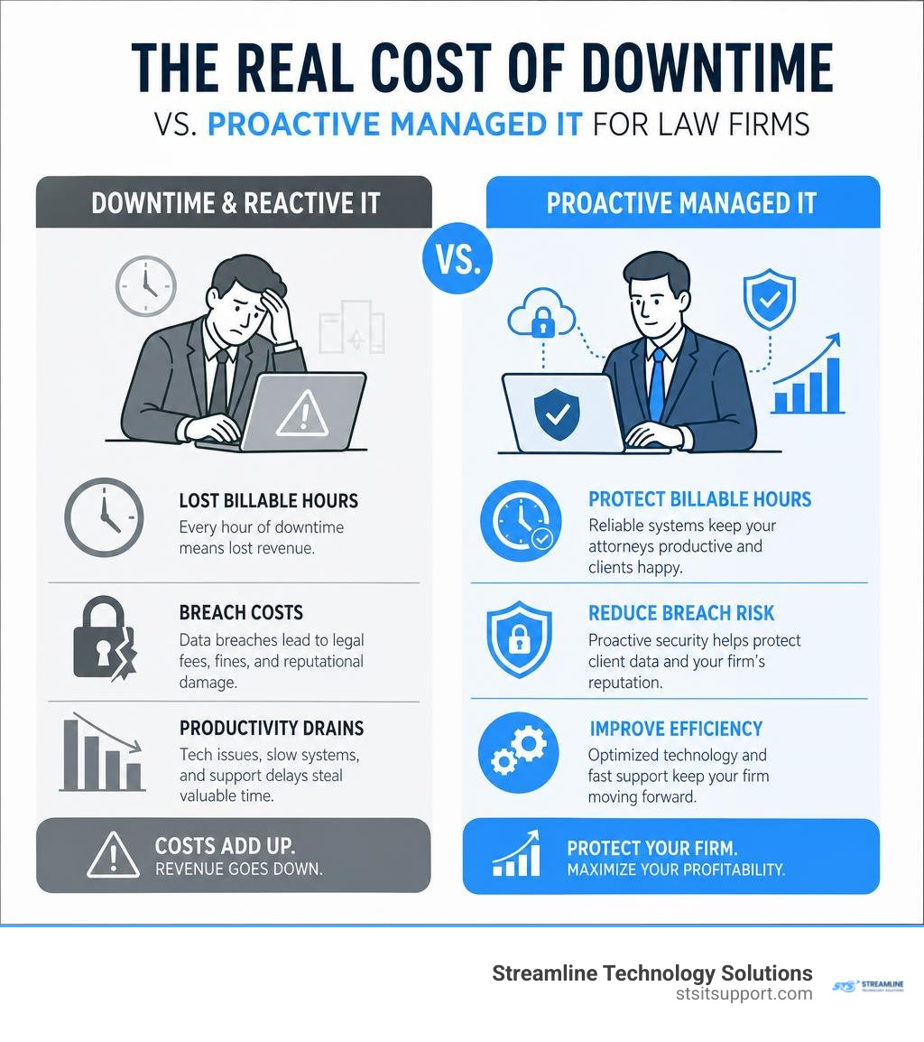 Infographic: cost of IT downtime vs proactive managed IT for law firms, billable hours, breach costs infographic Infographic: cost of IT downtime vs proactive managed IT for law firms, billable hours, breach costs infographic