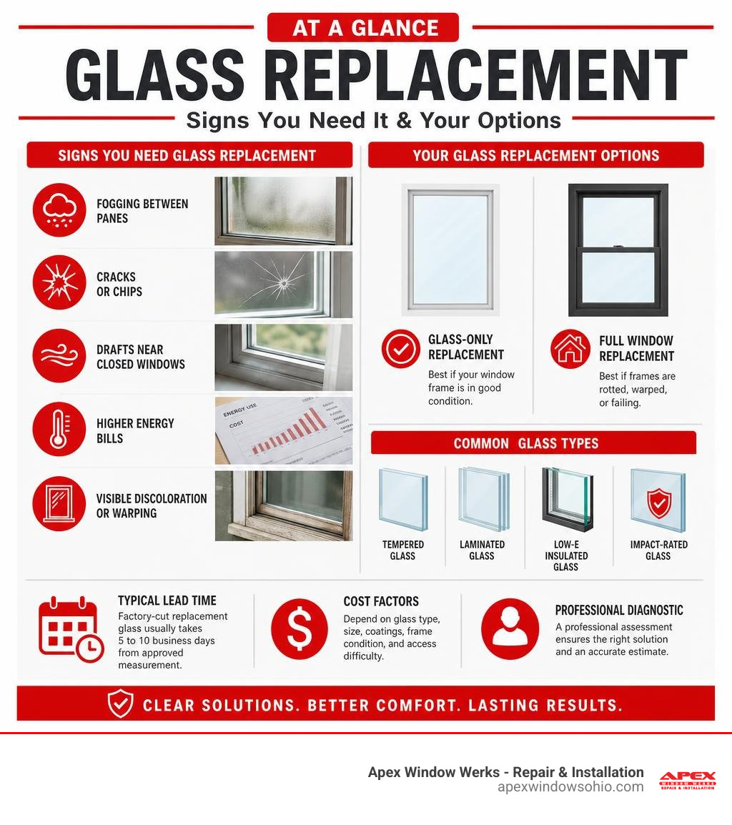 Infographic showing common signs you need glass replacement and key options available infographic