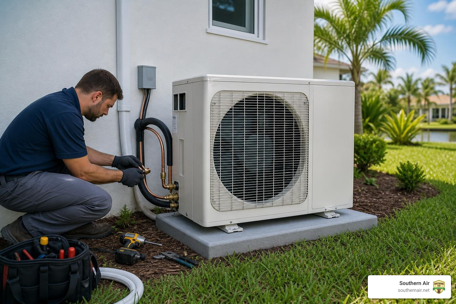 Outdoor mini split condenser and line set during residential installation Outdoor mini split condenser and line set during residential installation