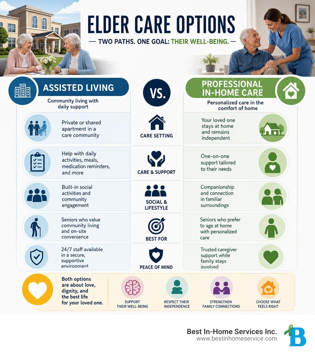 Infographic comparing elder care assisted living vs. professional in-home care options infographic