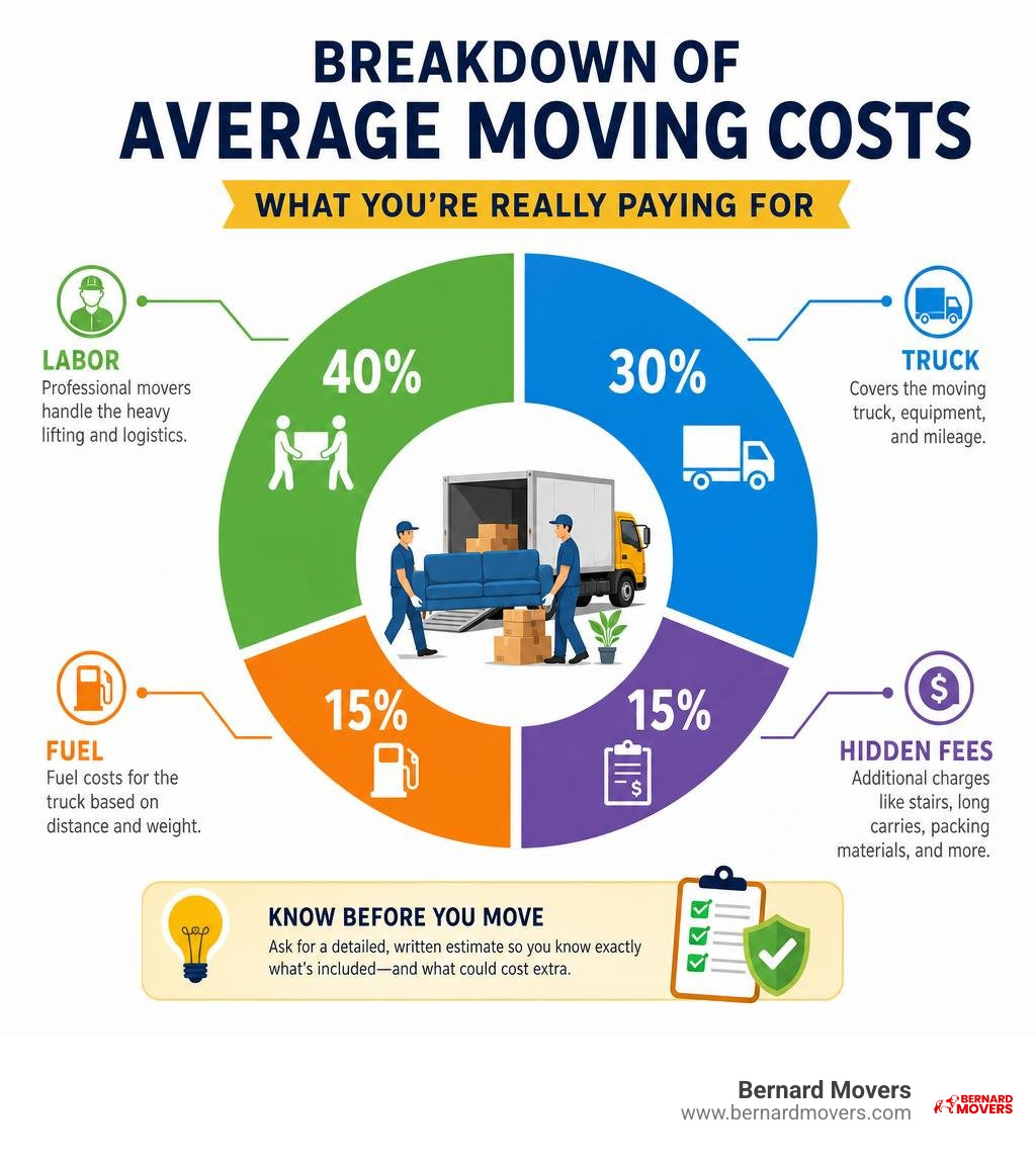 Breakdown of average moving costs including labor, truck, fuel, and hidden fees infographic Breakdown of average moving costs including labor, truck, fuel, and hidden fees infographic