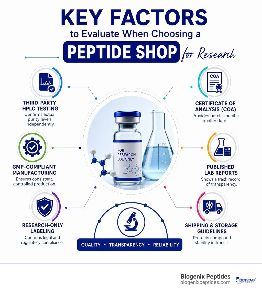 Key factors to evaluate when choosing a peptide shop for research infographic