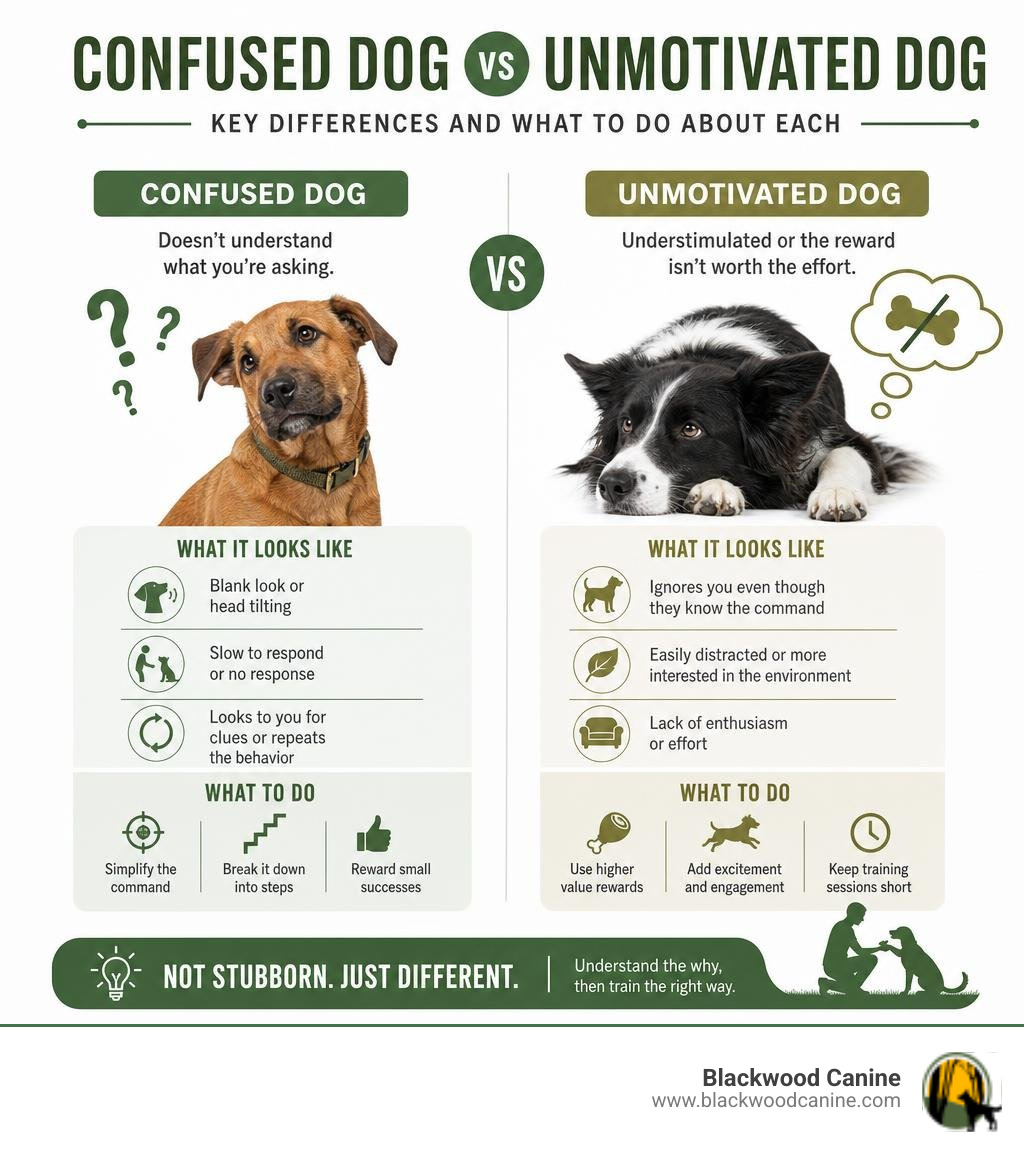 Confused dog vs unmotivated dog: key differences and what to do about each infographic