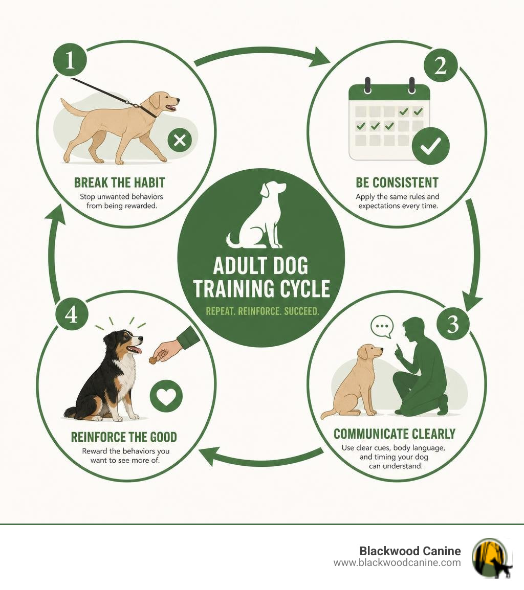 adult dog training cycle infographic showing habit breaking, consistency, clear communication, and reinforcement infographic adult dog training cycle infographic showing habit breaking, consistency, clear communication, and reinforcement infographic