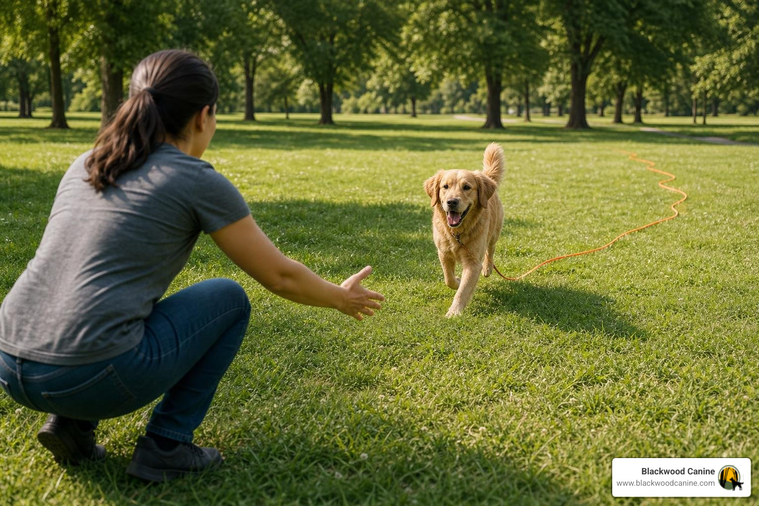 A dog practicing recall on a long line leash in a quiet park