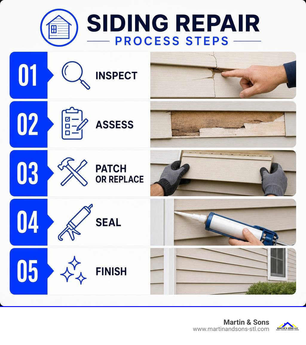 Siding repair process steps: inspect, assess, patch or replace, seal, and finish infographic Siding repair process steps: inspect, assess, patch or replace, seal, and finish infographic