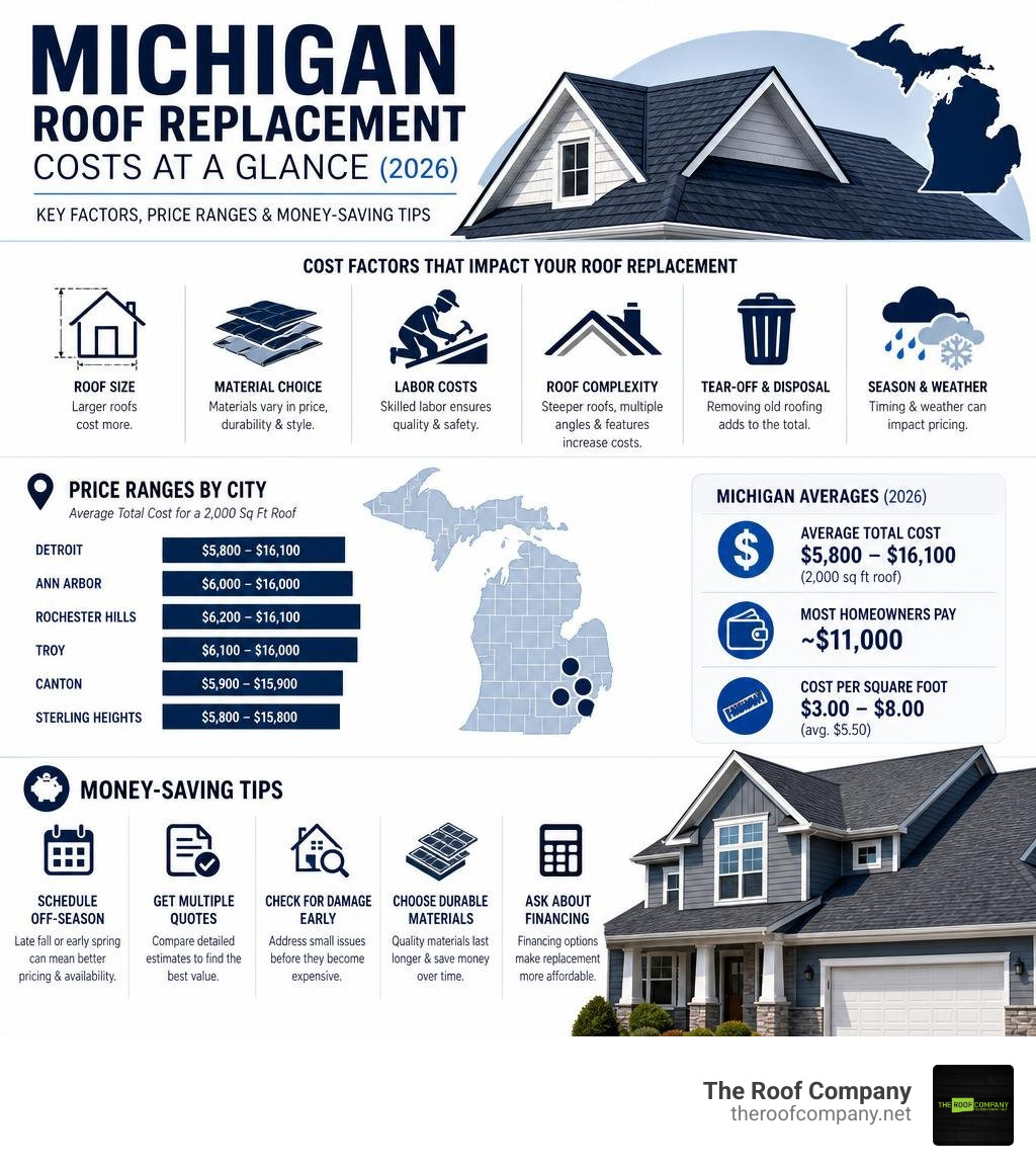 Infographic showing Michigan roof replacement cost factors, price ranges by city, and money-saving tips infographic Infographic showing Michigan roof replacement cost factors, price ranges by city, and money-saving tips infographic