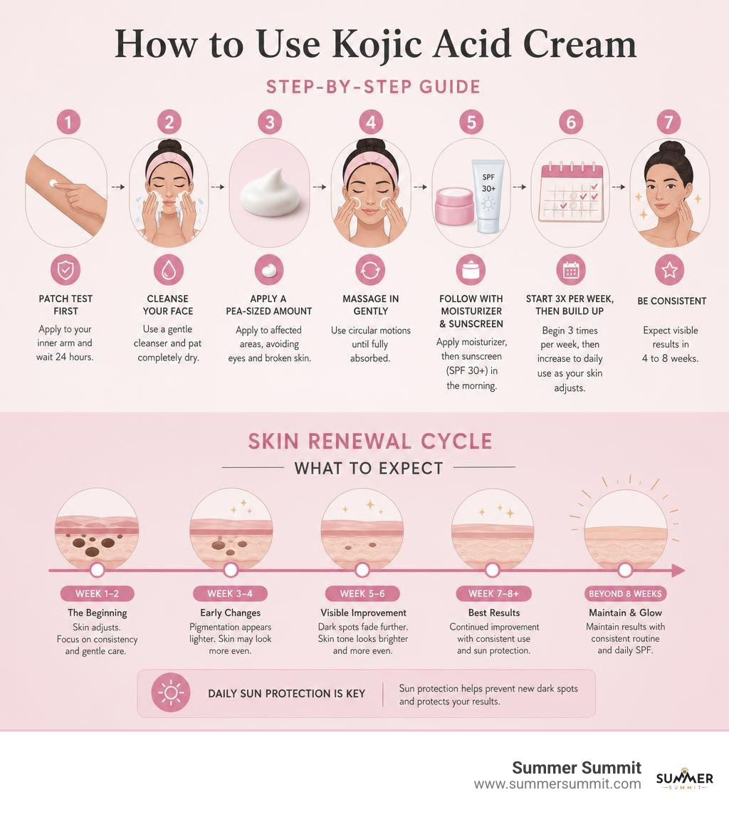Infographic showing how to use kojic acid cream step-by-step with skin renewal cycle timeline infographic Infographic showing how to use kojic acid cream step-by-step with skin renewal cycle timeline infographic