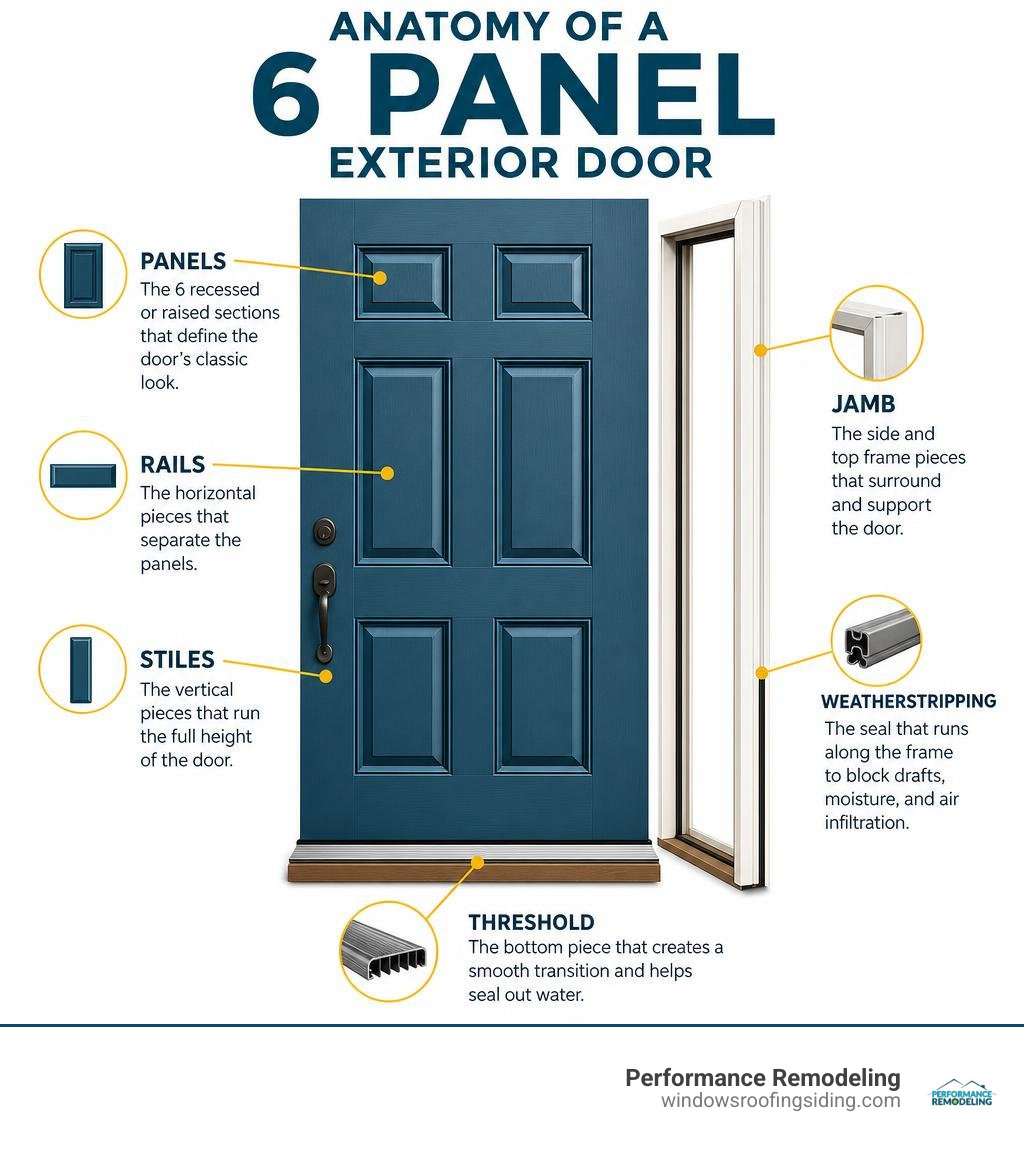 Anatomy of a 6 panel exterior door: panels, rails, stiles, jamb, threshold, and weatherstripping infographic Anatomy of a 6 panel exterior door: panels, rails, stiles, jamb, threshold, and weatherstripping infographic