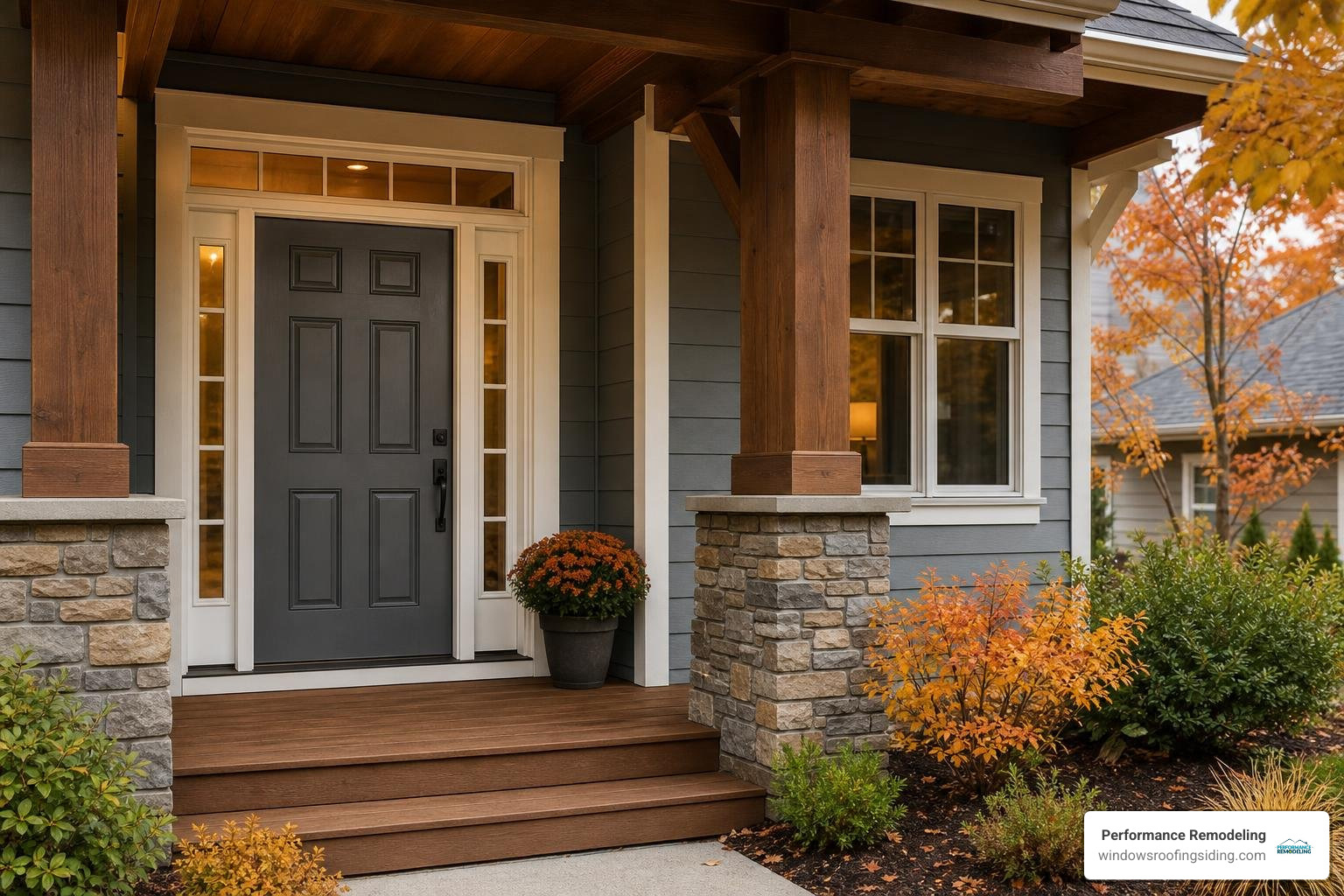 Modern fiberglass 6 panel door installed on a craftsman home Modern fiberglass 6 panel door installed on a craftsman home