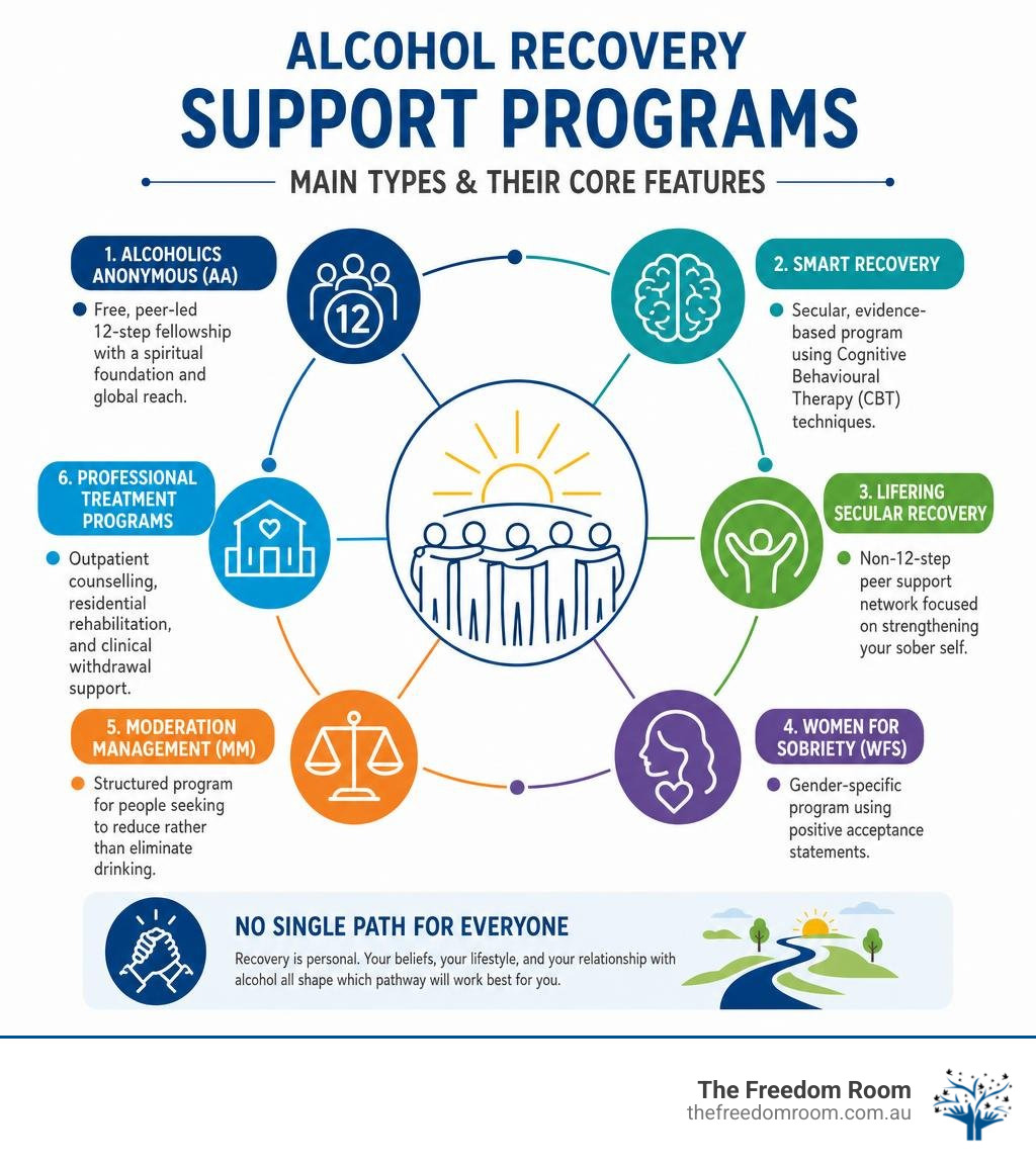 Infographic showing main alcohol recovery support program types and their core features infographic Infographic showing main alcohol recovery support program types and their core features infographic