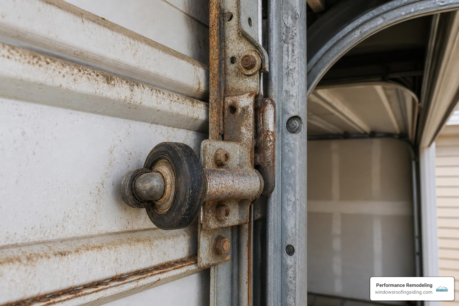 Worn-out metal rollers and rusted hinges on a garage door