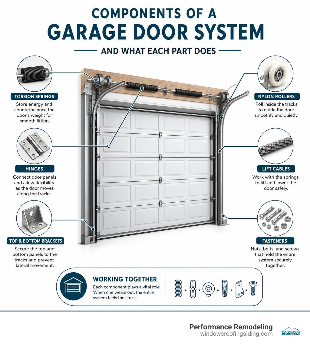 Components of a garage door system and what each part does infographic
