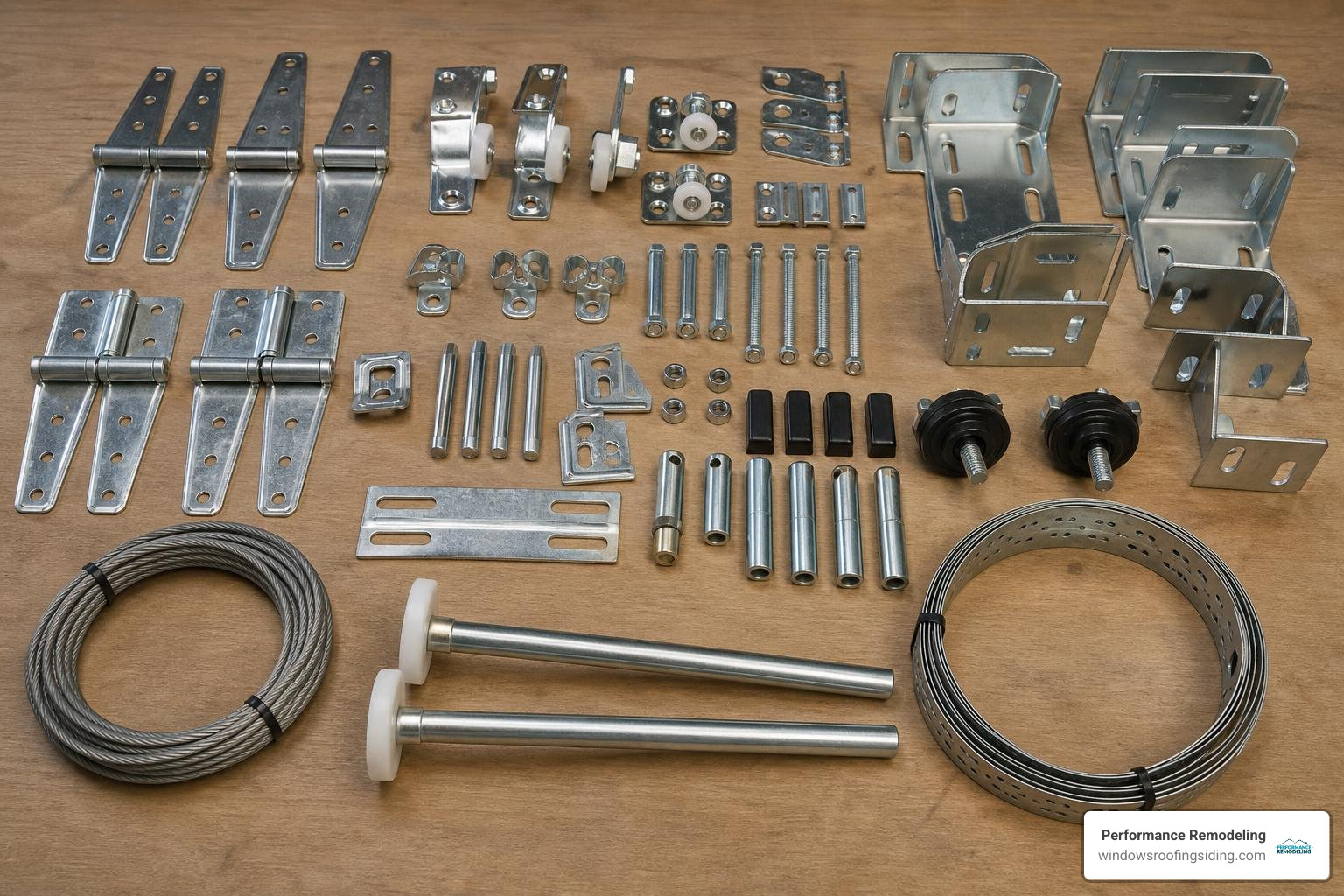 A complete garage door hardware kit with hinges, rollers, and brackets