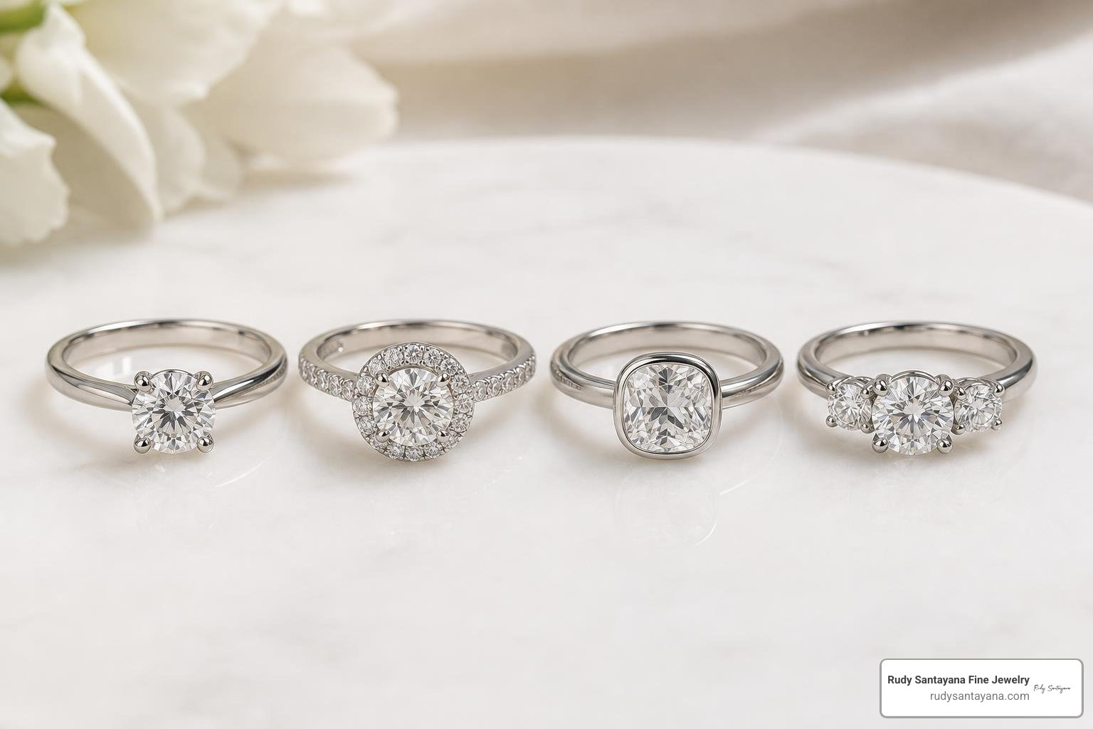 various engagement ring settings including solitaire, halo, bezel, and three-stone