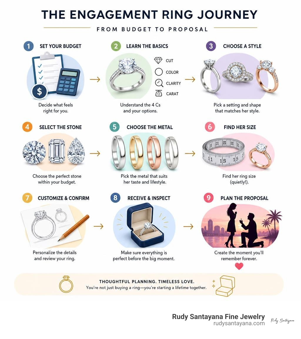 Step-by-step engagement ring buying process from budget to proposal infographic