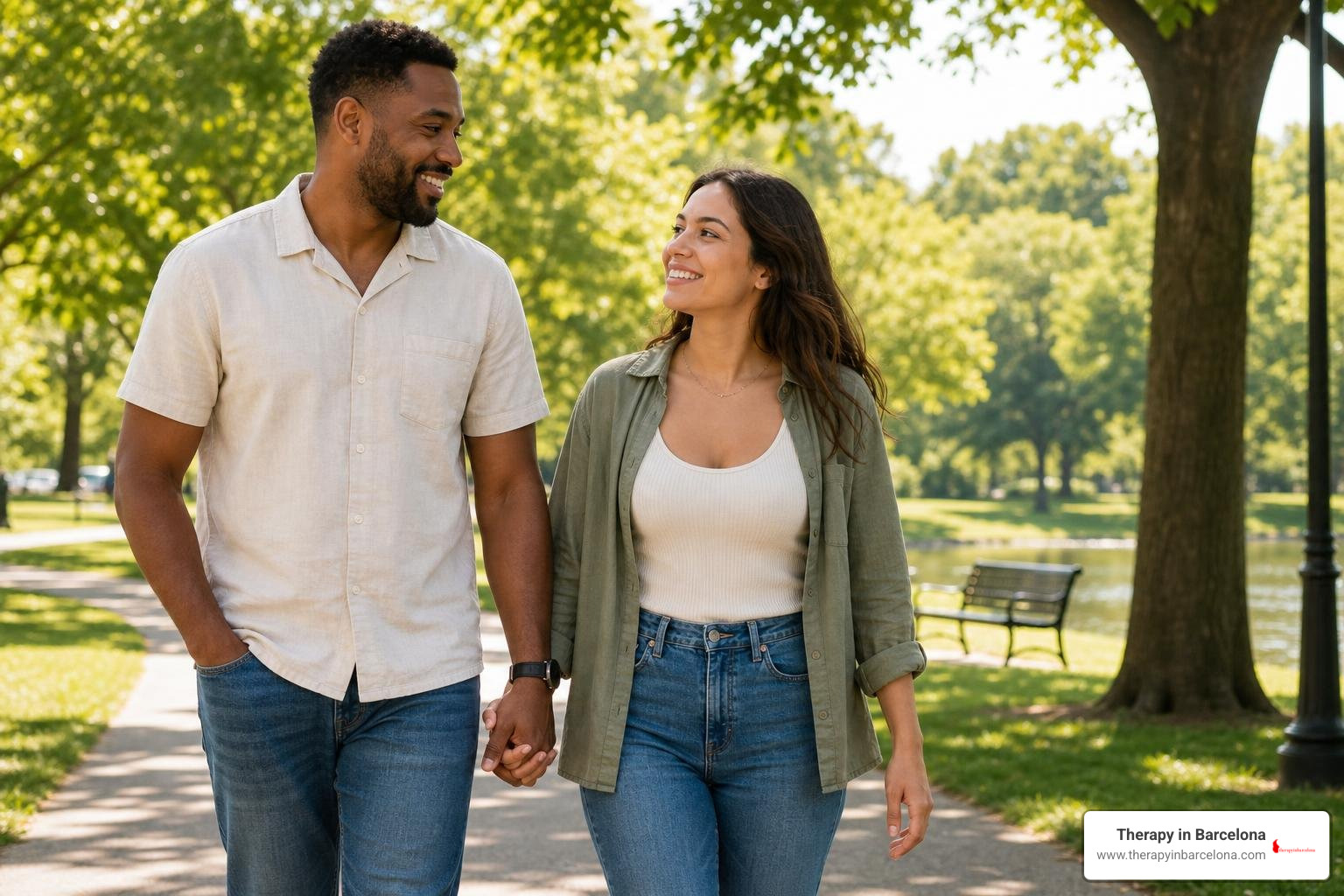 happy couple walking in a park in Barcelona, feeling connected and relaxed