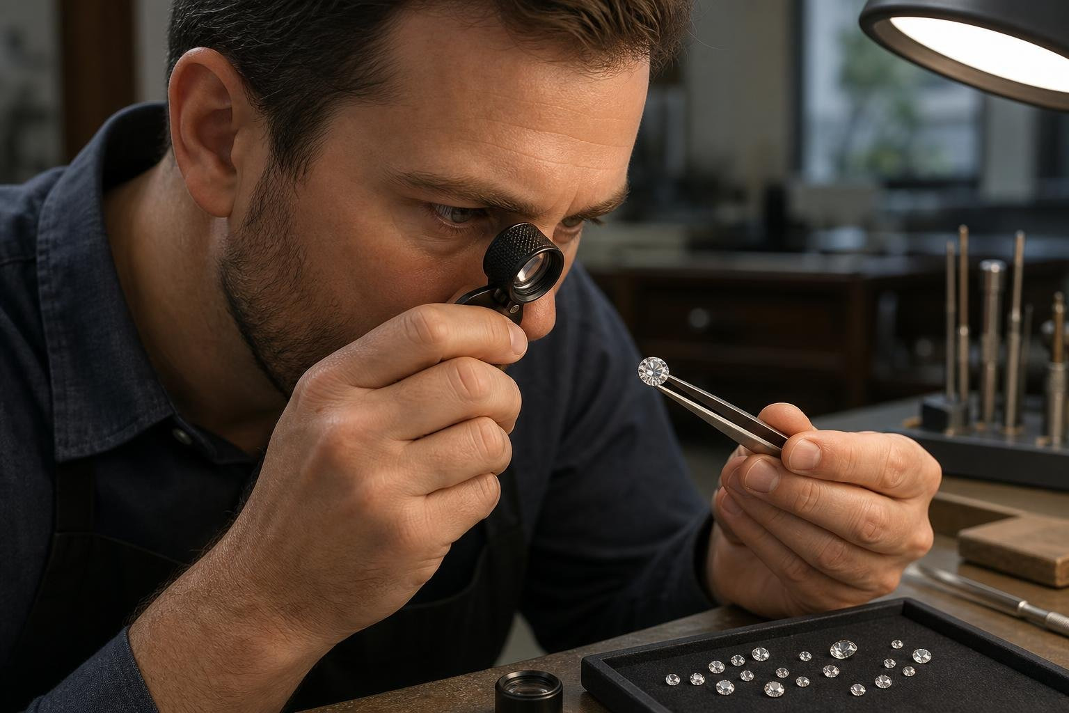 Jeweler inspecting a diamond under 10x magnification with a professional loupe