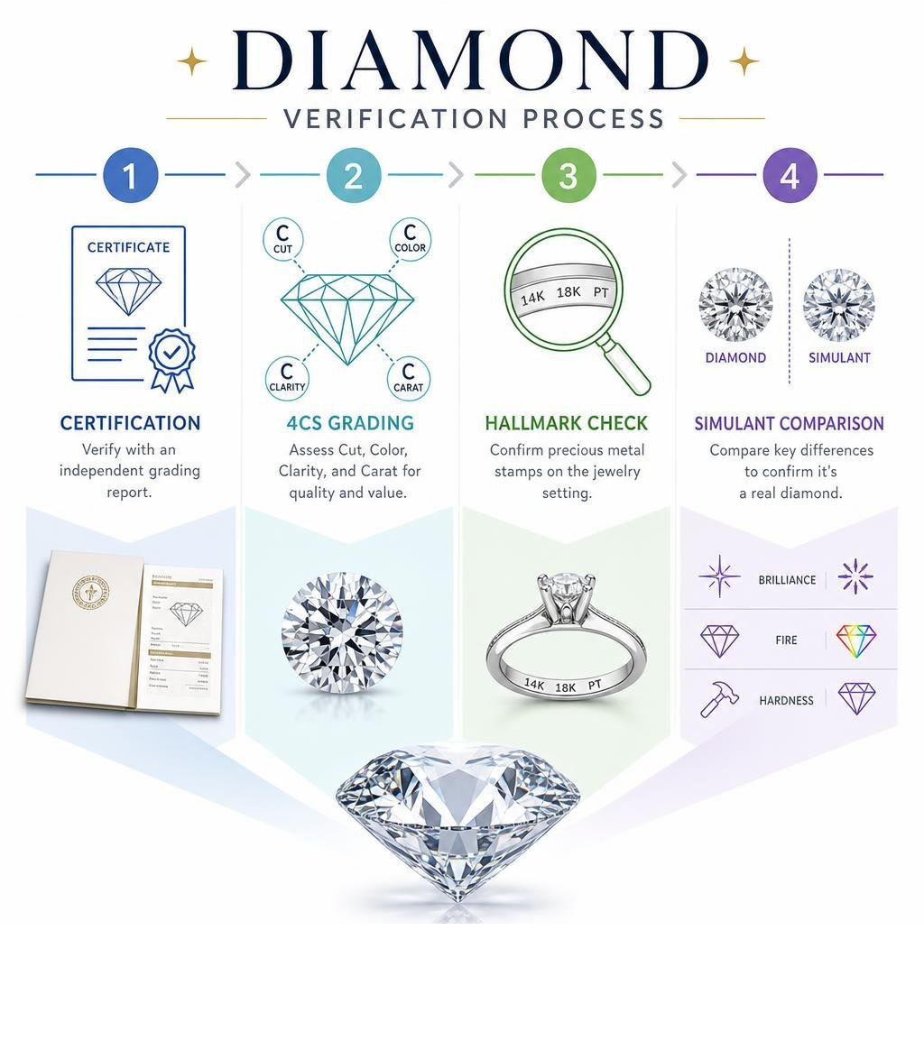 Diamond verification process: certification, 4Cs grading, hallmark check, simulant comparison infographic