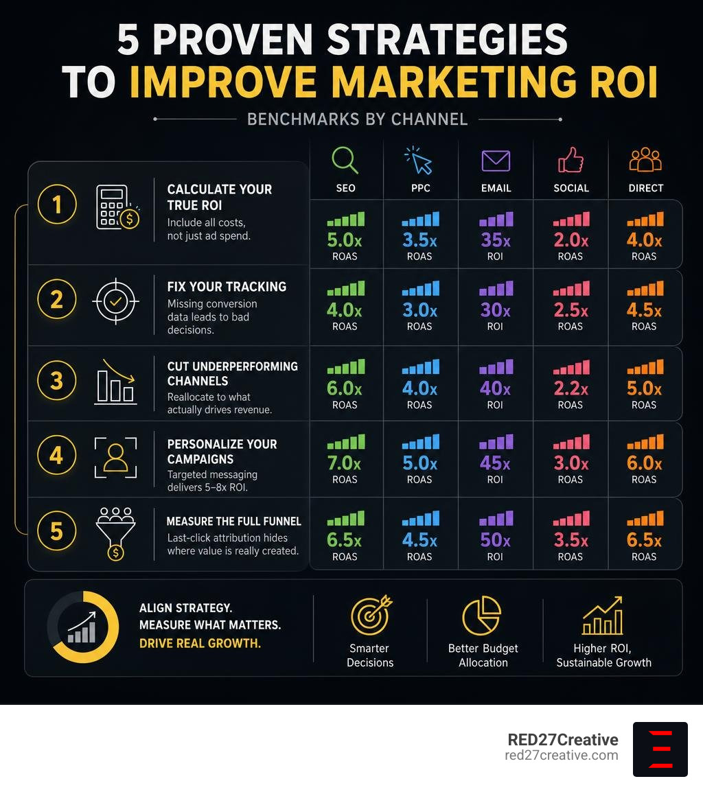 Infographic showing 5 proven strategies to improve marketing ROI with benchmarks by channel infographic Infographic showing 5 proven strategies to improve marketing ROI with benchmarks by channel infographic